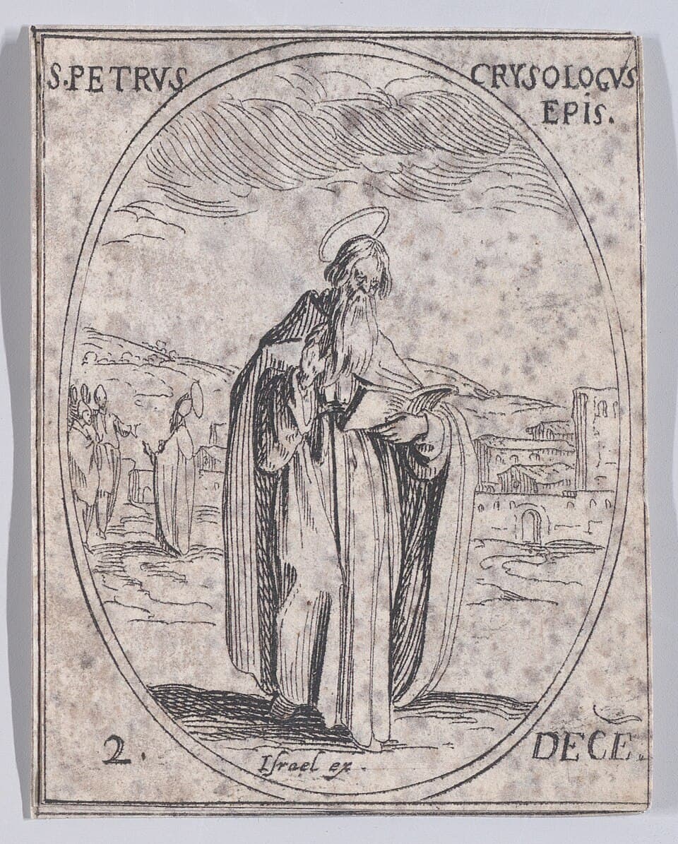 A small etching lettered S. Petrus Crysologus Epis., showing the bearded bishop standing in a long robe with an open book in his hands, within an oval frame over a landscape of towers and figures