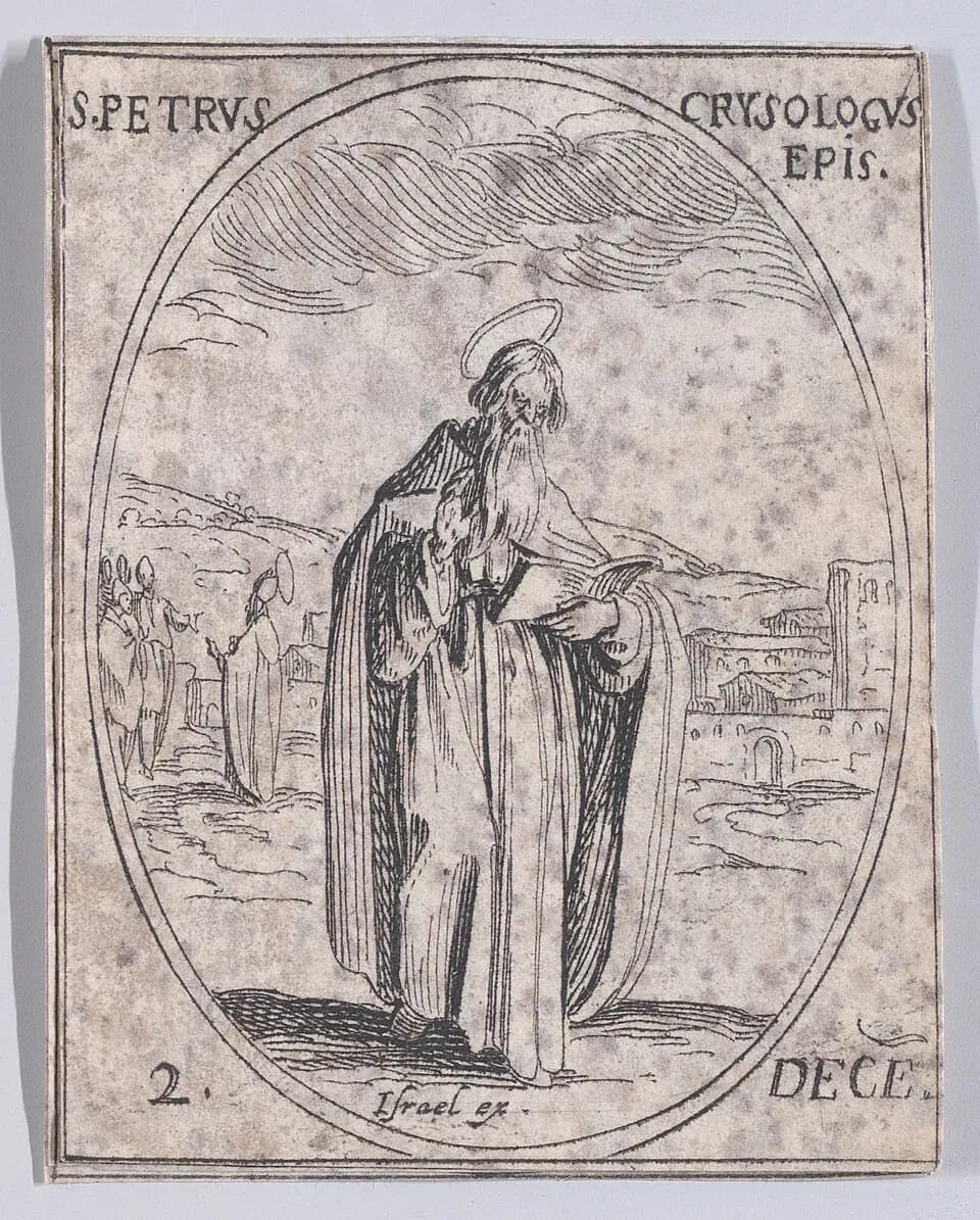 Un pequeño aguafuerte rotulado S. Petrus Crysologus Epis., que muestra al obispo barbado de pie, con túnica larga y un libro abierto en las manos, dentro de un marco ovalado sobre un paisaje de torres y figuras