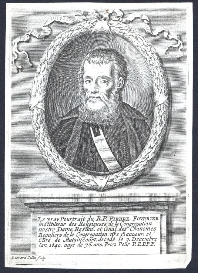 Engraved portrait of Peter Fourier, an elderly bearded priest in a dark habit with a white band across his chest, framed in an oval wreath above a tablet with a French inscription giving his titles and death at seventy-six