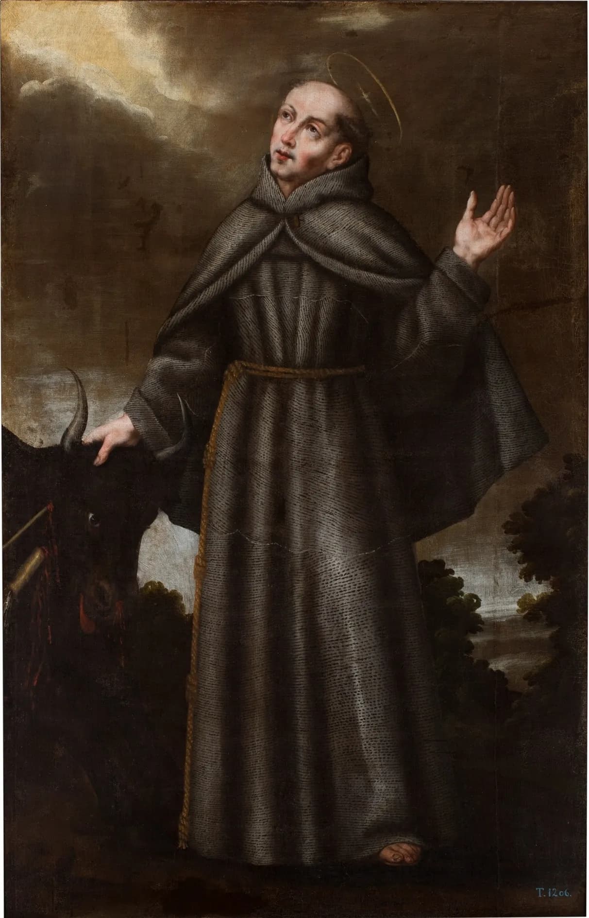 Seventeenth-century Spanish painting of a Franciscan friar in a gray habit and knotted cord, with a halo, looking up at the sky with one hand raised, his other hand resting on the head of a black bull beside him, in a landscape with trees and clouds