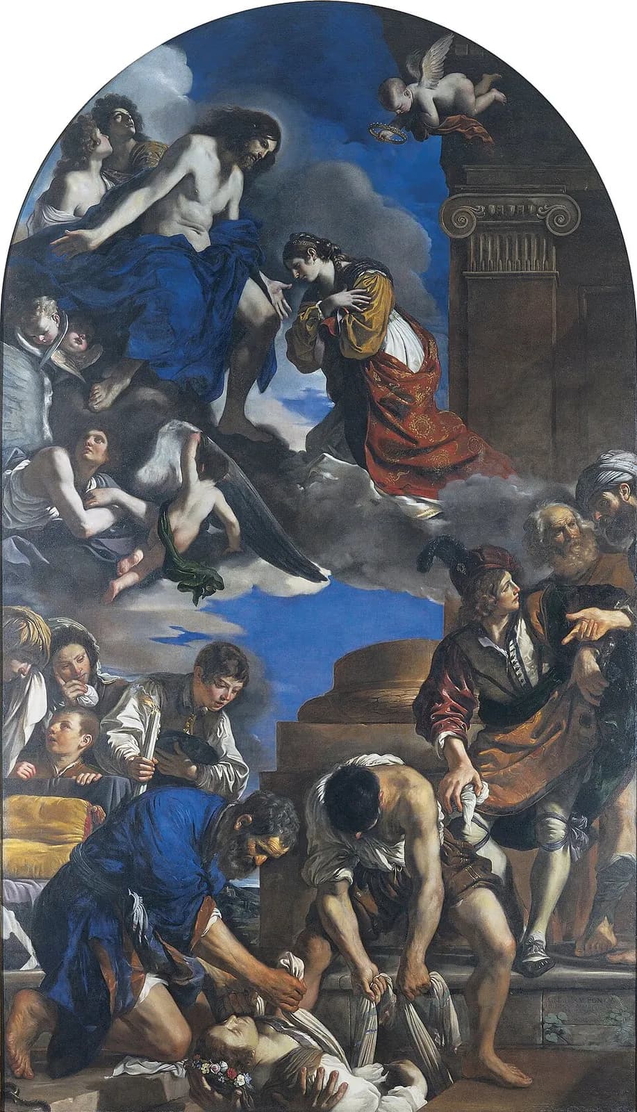 Tall Baroque altarpiece with an arched top: below, two men lower the body of a young woman crowned with flowers into a grave while mourners and onlookers gather; above, the same woman in a gold and red dress kneels on clouds before Christ, who opens his hands to her, as an angel brings a crown