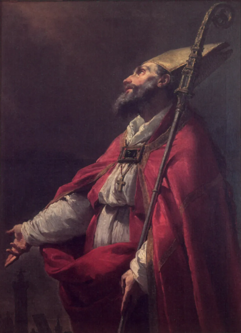 Eighteenth-century oil painting of a bearded bishop in a red cope and gold miter gazing upward, one hand open, the other holding a tall crozier, with the towers of a city small in the lower left corner