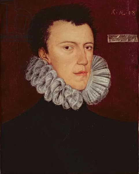 Painted bust portrait of a young man with short dark hair, wearing a wide white lace ruff over black clothing against a dark red background, with a gold inscription in the upper corner giving his age as 18