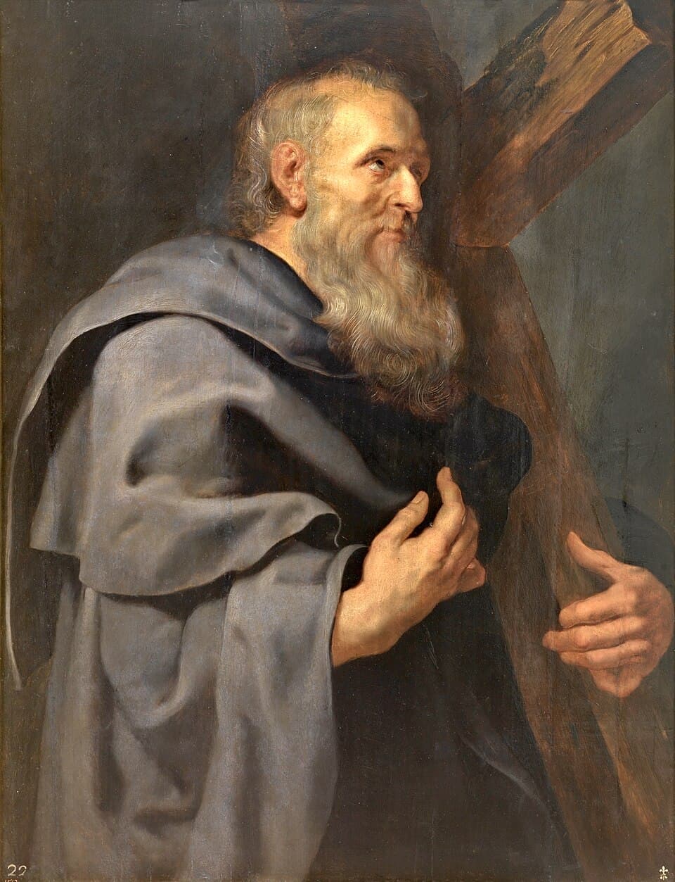 A painting of Saint Philip as an elderly bearded man in a gray cloak, holding a tall wooden cross and looking upward, by Rubens