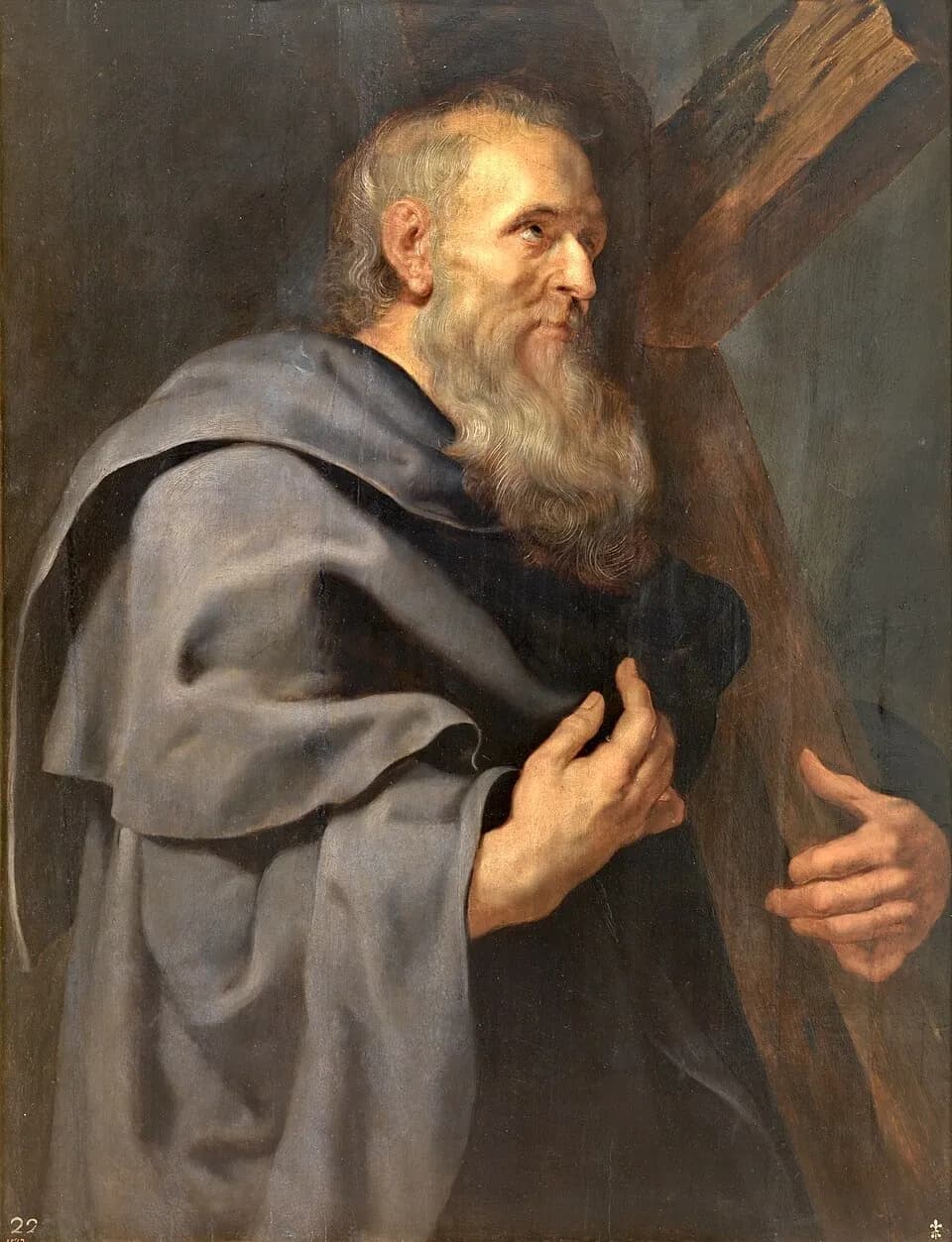 Pintura de Rubens de San Felipe como un anciano barbado con capa gris, que sostiene una cruz alta de madera y mira hacia arriba