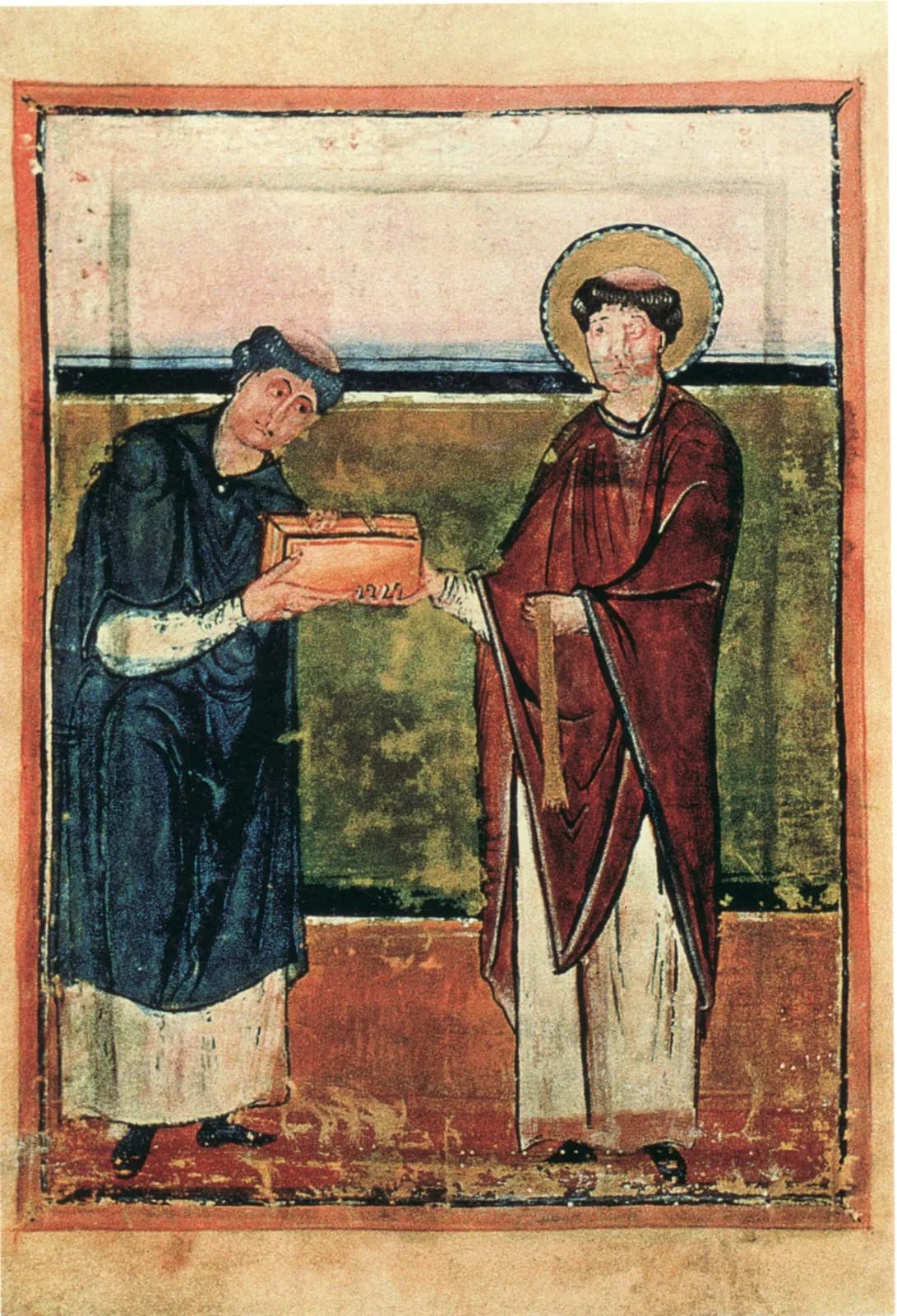 Tenth-century manuscript painting of two tonsured clerics standing in a red-bordered frame: a monk in a dark blue robe hands a red-bound book to a haloed figure in a deep red chasuble and white alb