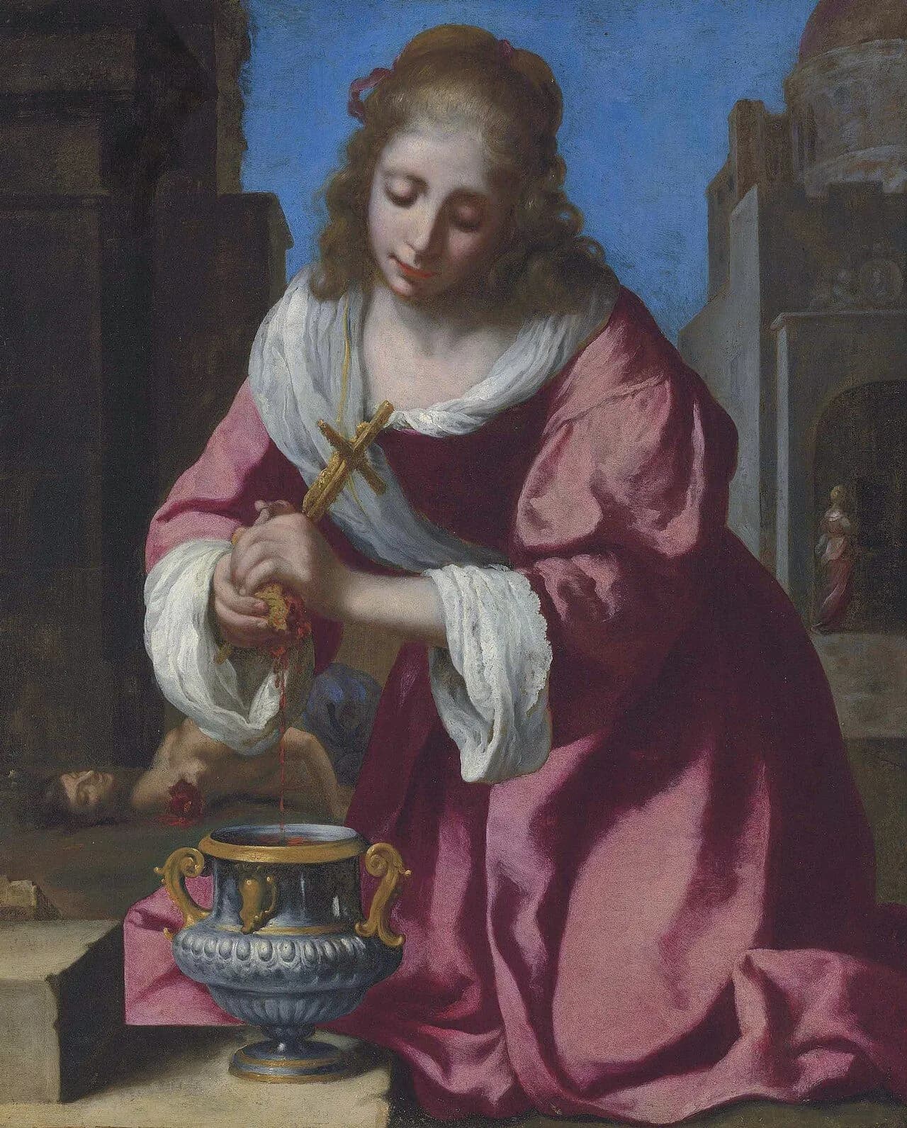 Seventeenth-century painting of a young woman in a rose-colored dress and white shawl, a gold cross at her breast, kneeling and wringing a blood-soaked sponge into a silver and gold vessel, with a beheaded martyr lying behind her and Roman buildings against a blue sky