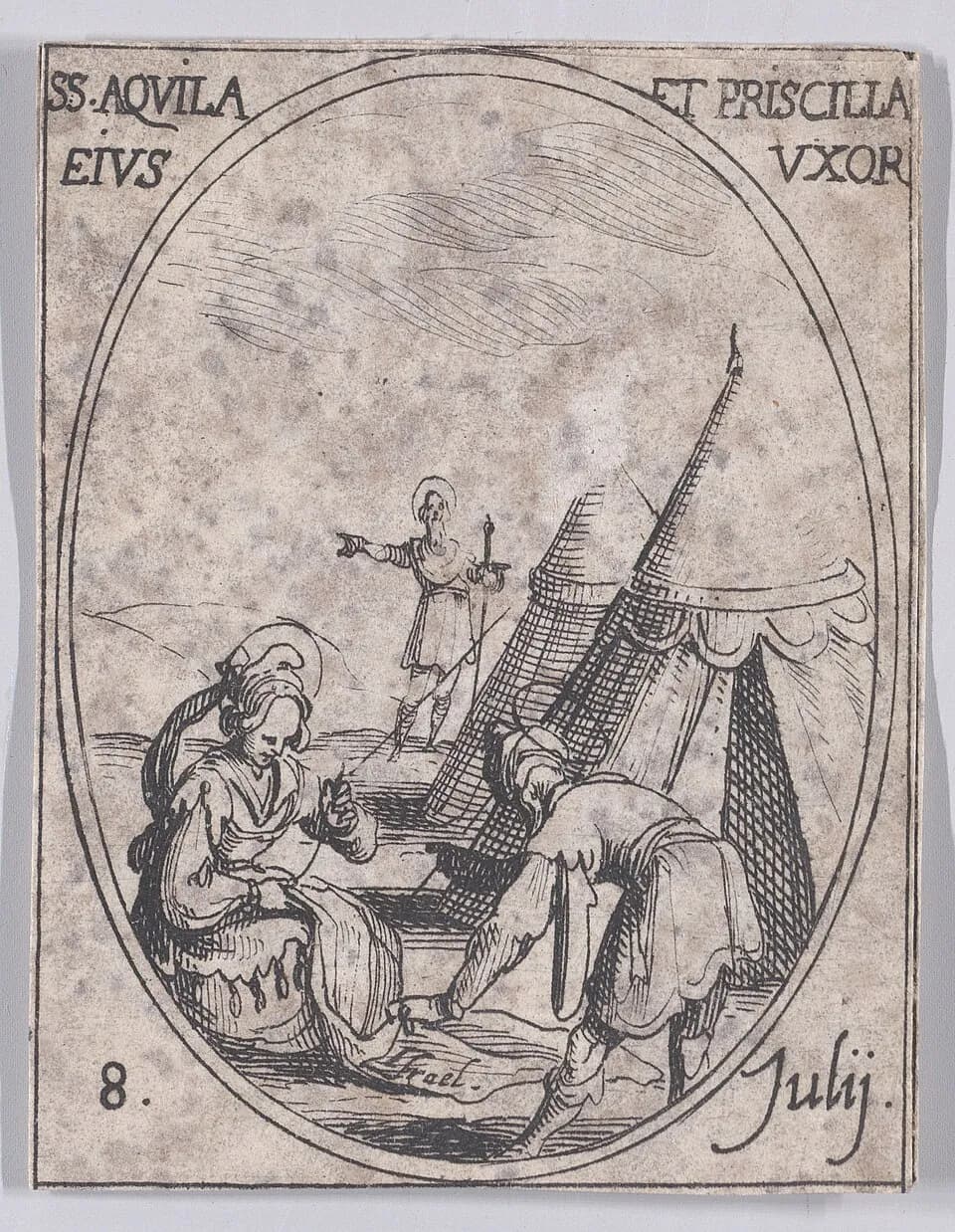 A small seventeenth-century etching in an oval frame: a haloed woman sits sewing a length of cloth while a man bends over his work beside a pitched tent, and a haloed figure with a sword stands pointing in the background