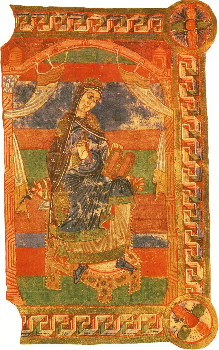A medieval manuscript painting of a veiled woman seated on a cushioned throne beneath a curtained arch, holding a stylus and an open writing tablet