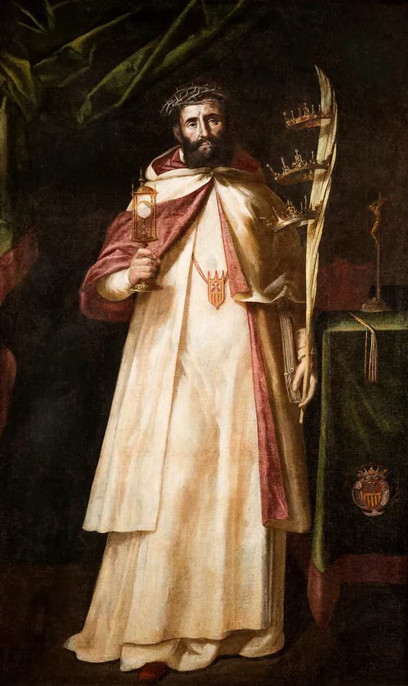 Painting of Saint Raymond Nonnatus standing in the white Mercedarian habit with a red cape and the order's shield on his chest, wearing a crown of thorns, holding a monstrance in one hand and a palm branch hung with three gold crowns in the other
