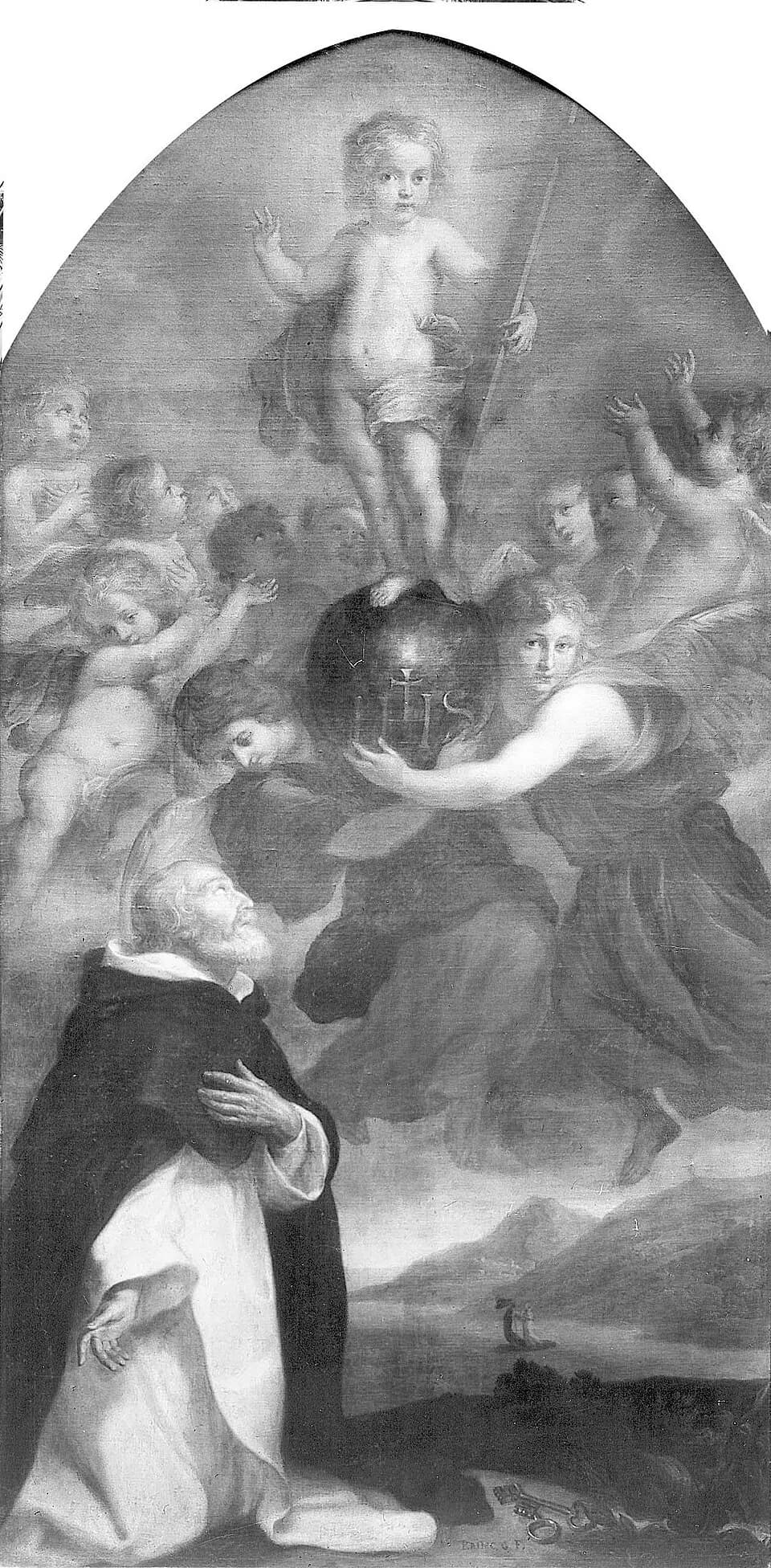 A gray-bearded Dominican friar in a black cloak kneels with his hand on his chest, gazing up at the Christ Child standing on a globe held by angels; keys lie at his feet, and far off a small figure sails across the water