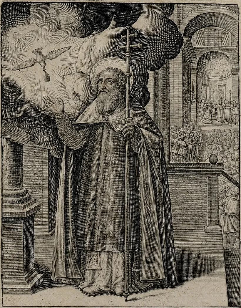 Engraving of a bearded bishop with a halo and a double-barred cross, raising his hand toward a dove that descends through the clouds with a small vial in its beak, while in the church behind him a crowd watches a king kneel at a baptism