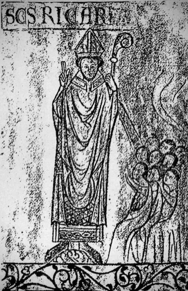 A black-and-white rendering of a medieval wall painting: a bishop in mitre and vestments standing on a pedestal, a crozier in his left hand and his right hand raised in blessing, under a painted label reading "SCS RICAR", with a crowd of small figures looking up at him from the right