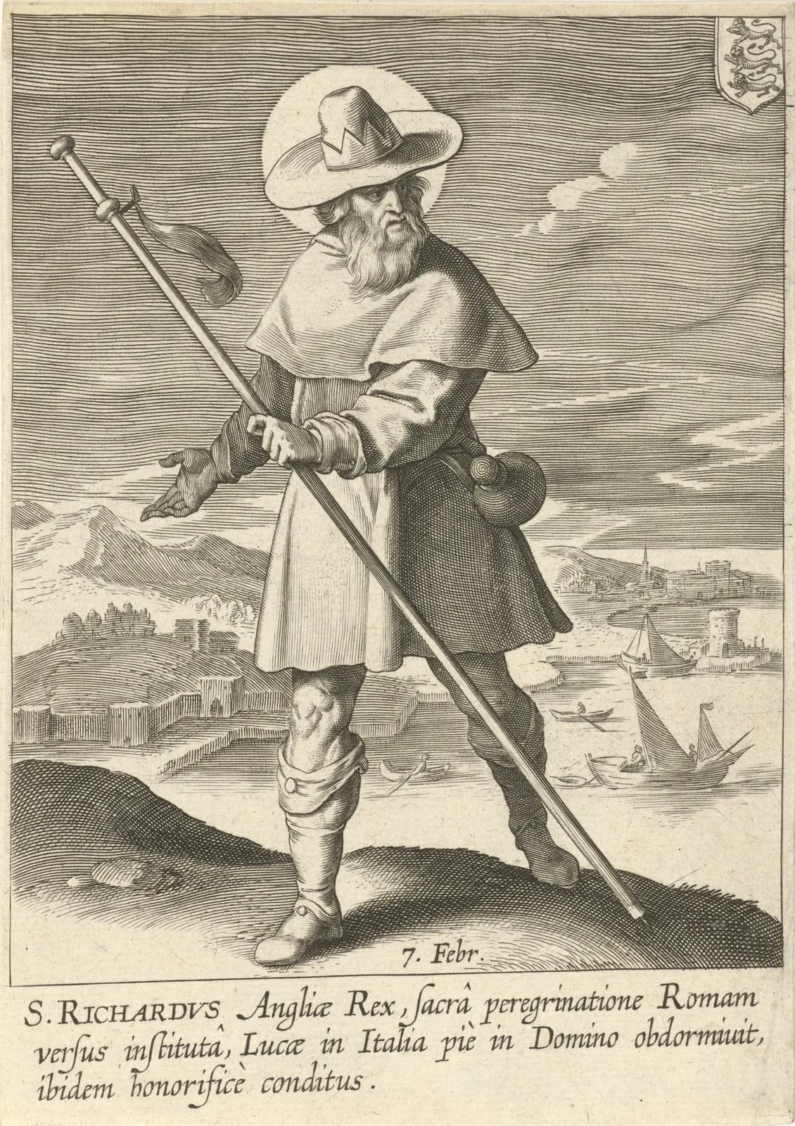 Grabado de un peregrino barbudo con aureola, sombrero de ala ancha y esclavina, con un largo bordón y una calabaza al cinto, de pie en una orilla con barcas y una ciudad amurallada detrás y un escudo con tres leones en la esquina, con una inscripción latina que empieza S. Richardus Angliae Rex y la fecha 7 Febr.