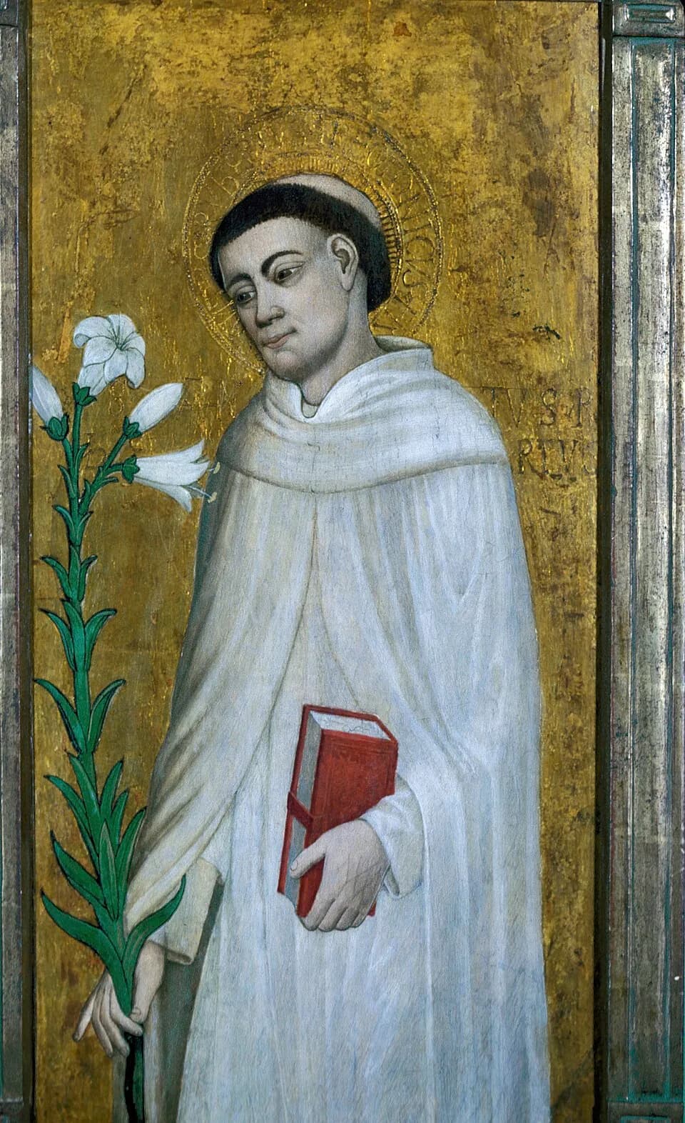 Painted panel of Saint Robert of Molesme, a tonsured monk with a gold halo in a white habit, holding a red book and a tall white lily against a gold background