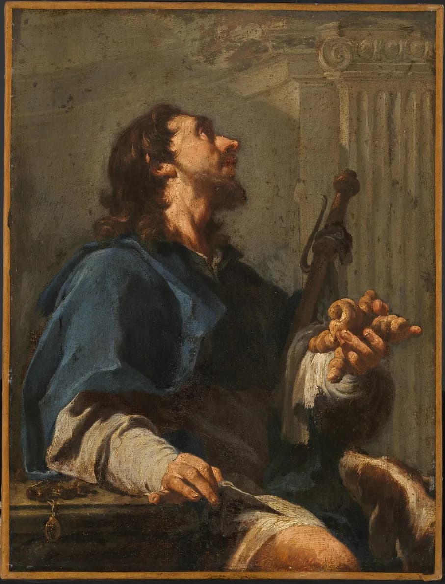 A bearded pilgrim in a blue cloak gazes upward, holding a staff and a handful of bread rolls, with a brown dog at his side in front of a fluted stone column