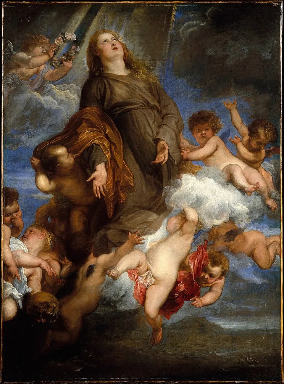 Painting of Saint Rosalia in a brown habit with long fair hair, looking up into rays of light as cherubs lift her on clouds; one cherub holds out a wreath of roses and another, at the lower left, holds a skull