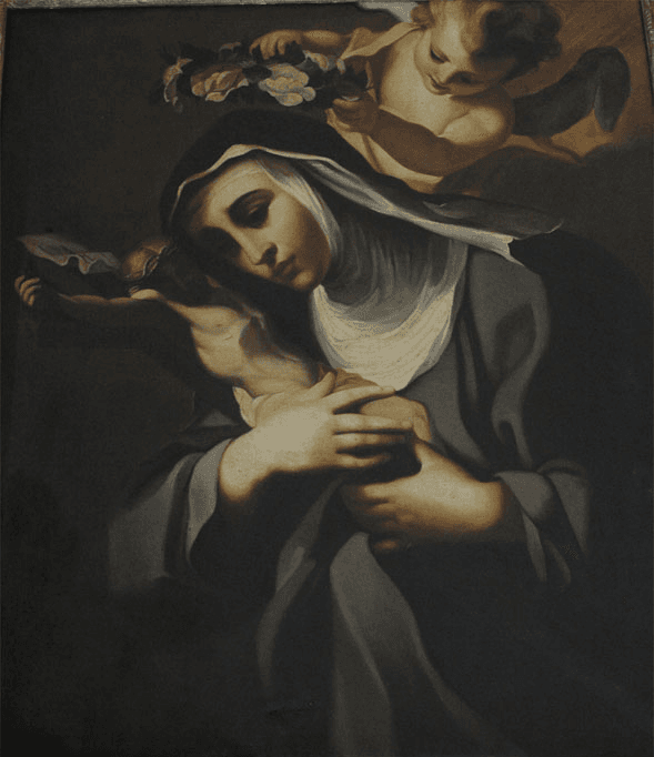 A nineteenth-century painting of Rose of Viterbo as a young woman in a Franciscan habit, her hands together, a rose at her breast