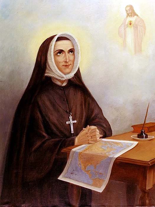 Rose Philippine Duchesne in a dark habit and white bonnet, hands folded at a table with a map of North America, looking up toward a vision of the Sacred Heart of Jesus