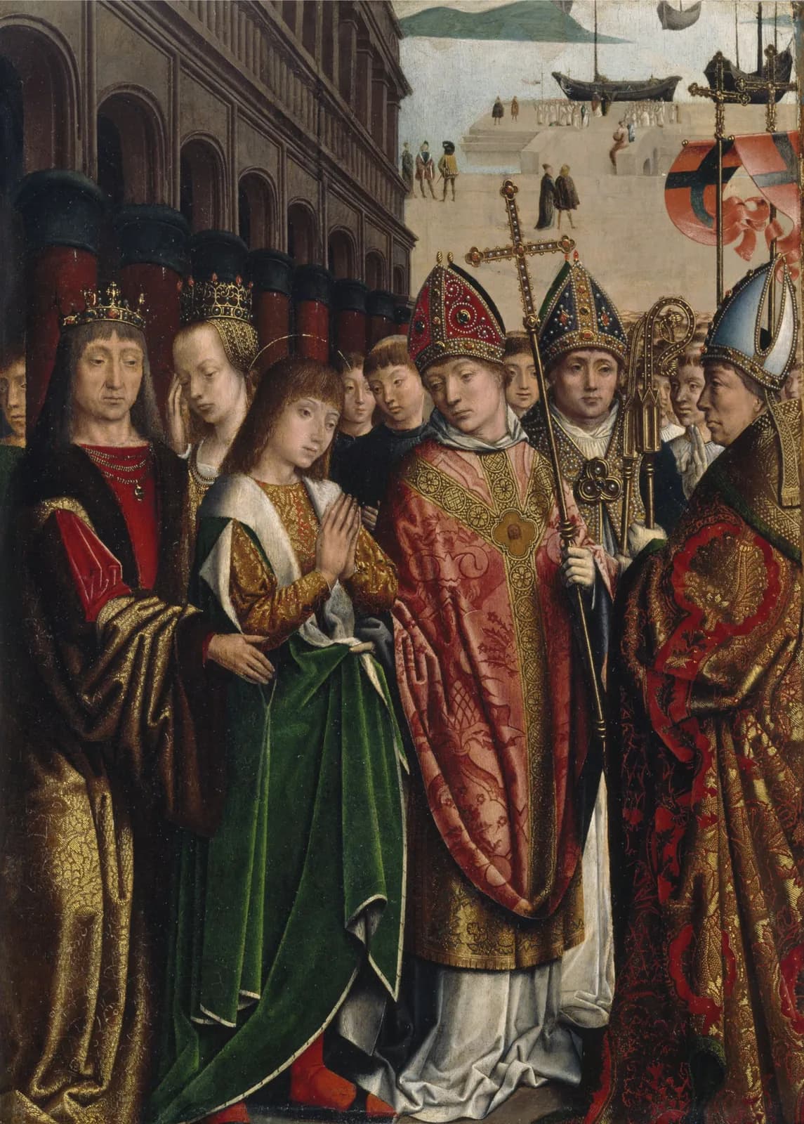 Late fifteenth-century Flemish panel painting of a young man with a halo and long hair, dressed in a gold brocade tunic and green cloak with hands joined, standing between a crowned king and a crowned queen who wipes her eye, facing three bishops in jeweled miters, with an arcaded palace on the left and ships moored at a quay behind
