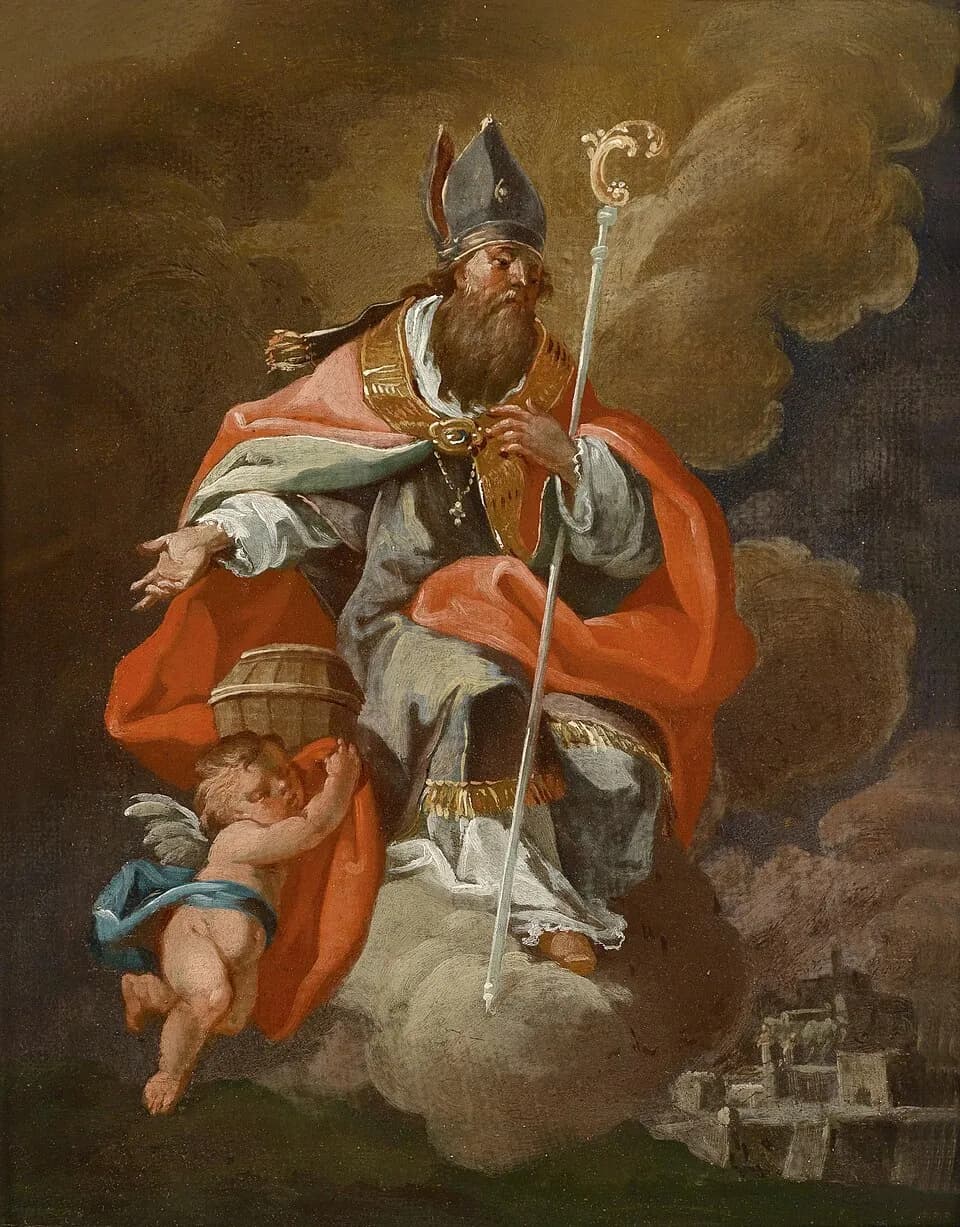 Oil sketch of a bearded bishop in a miter and red cope seated on a cloud, holding a crozier, while a small angel beside him lifts a wooden salt barrel and a town with a fortress shows faintly below