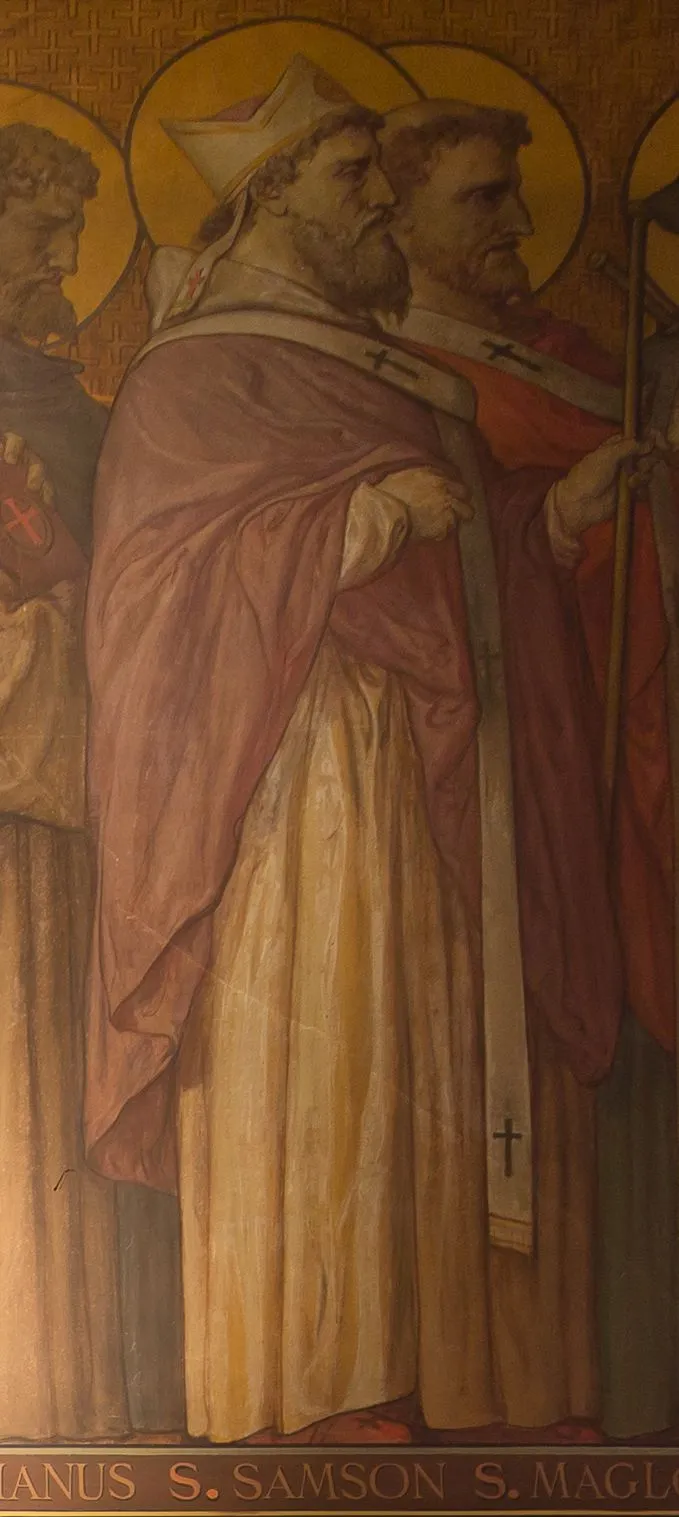 Detalle de un mural del siglo XIX sobre fondo dorado: un obispo barbado con mitra blanca y capa rosada sobre túnica clara, con palio de cruces negras al cuello, caminando de perfil junto a otro santo barbado con aureola, y la inscripción pintada S. SAMSON debajo
