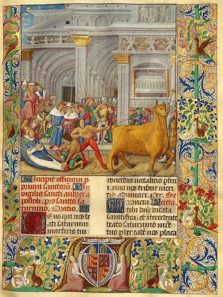 Illuminated manuscript page from 1492 showing a bishop in blue lying on the ground before a classical temple while men in tunics tie his feet and lead away a large golden bull on a rope, with soldiers and onlookers behind, a gilded floral border, Latin text below and a coat of arms held by two angels