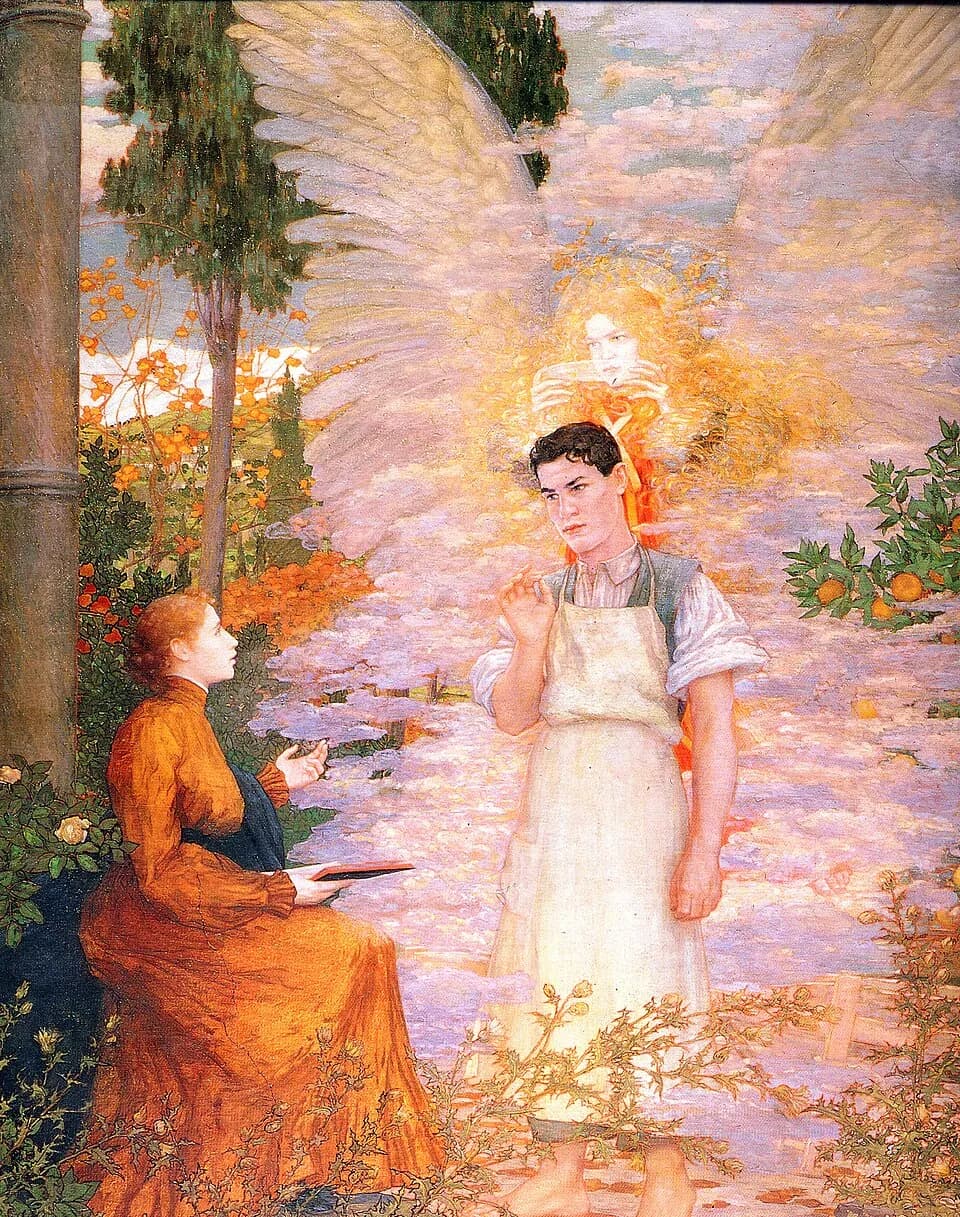 Painting of a dark-haired young laborer in a white apron standing in a flowering garden with a great winged angel glowing behind him, while a young woman in an orange dress sits with a book and speaks to him