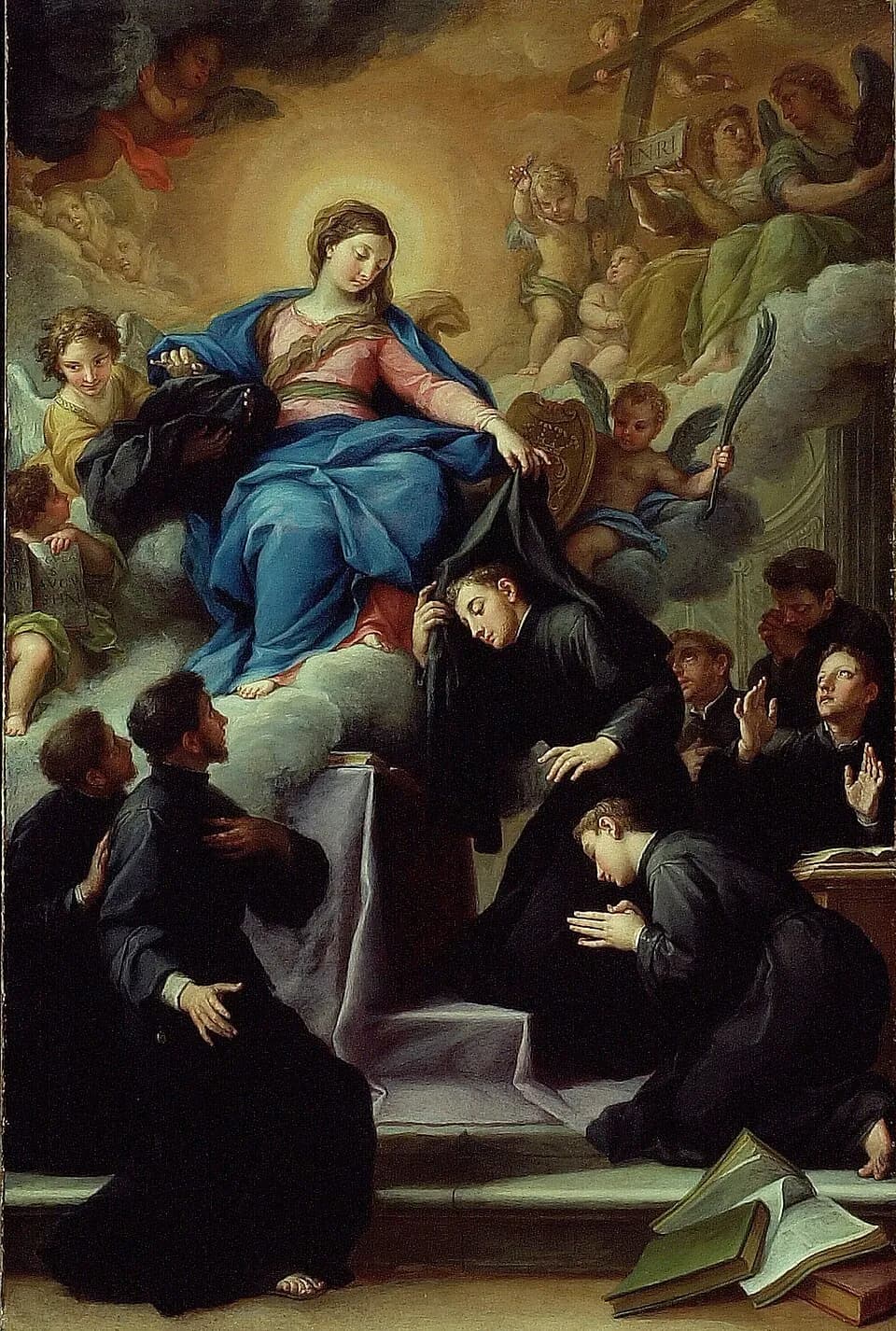 Painting of the Virgin Mary seated on clouds, placing a black habit over the head of a kneeling friar while six other men in black robes kneel and look up around her, with angels holding a cross and a palm above