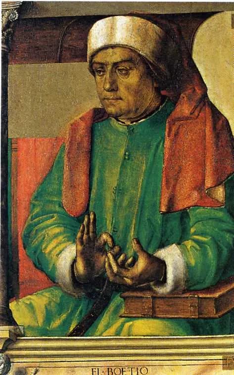 Fifteenth-century panel painting of an older man in a white cap, green robe and red hood, seated, with one hand raised as if making a point in an argument and a closed book beside him, the name FL BOETIO painted on the frame below