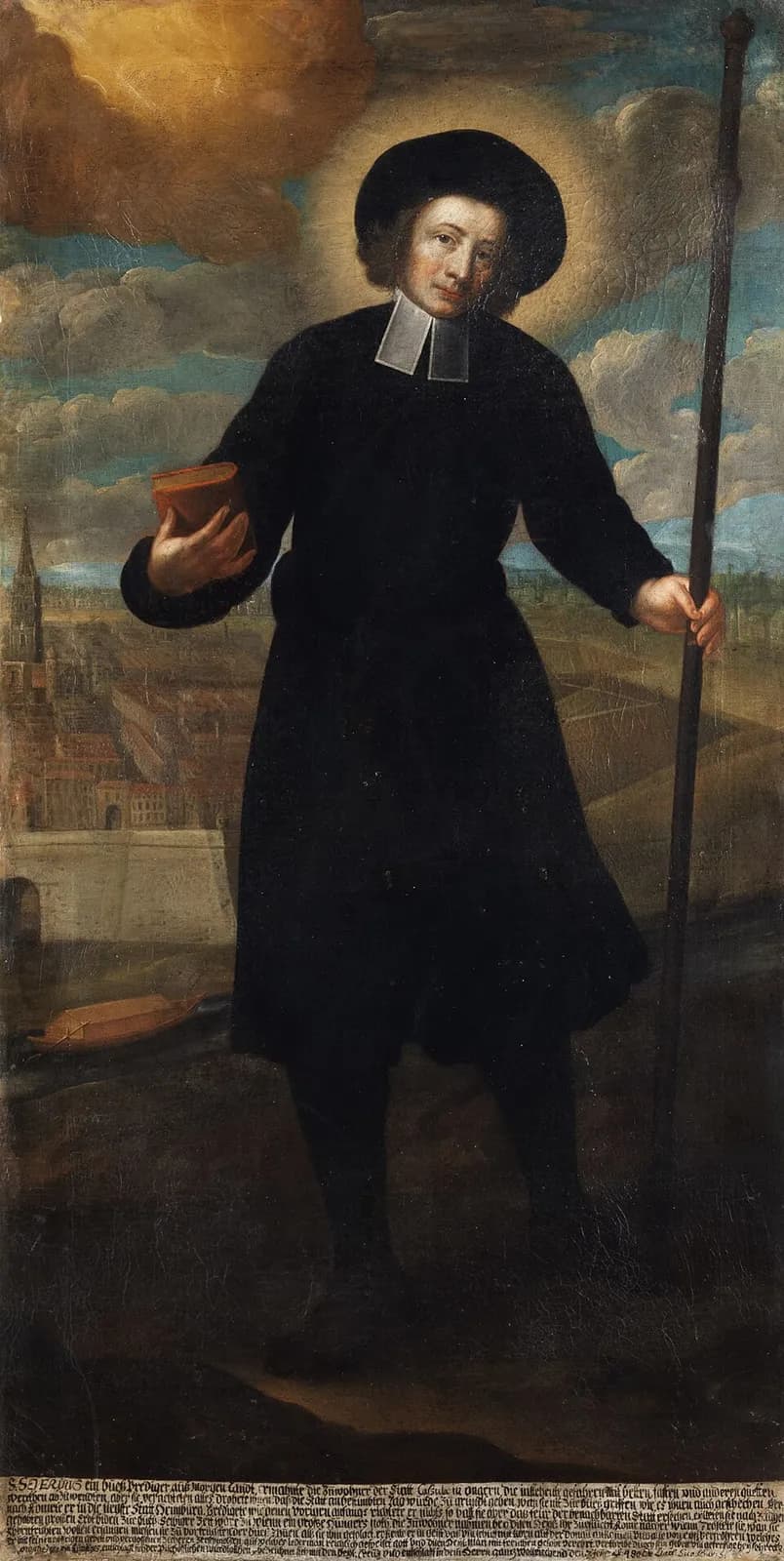 Full-length oil painting of a man with a halo in a black coat, white clerical bands and a wide black hat, holding a red book and a tall staff, with a walled town and a river boat behind him and lines of German script along the bottom