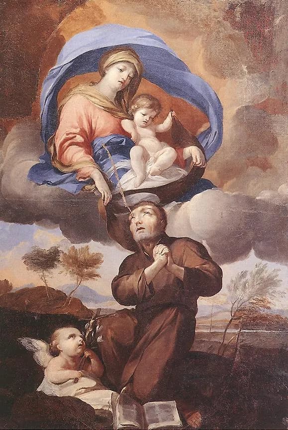 Painting of a kneeling friar in a brown habit with his hands clasped, looking up at the Virgin Mary seated on clouds with the Christ Child, who lowers a brown scapular toward him; a small angel sits at his feet beside an open book