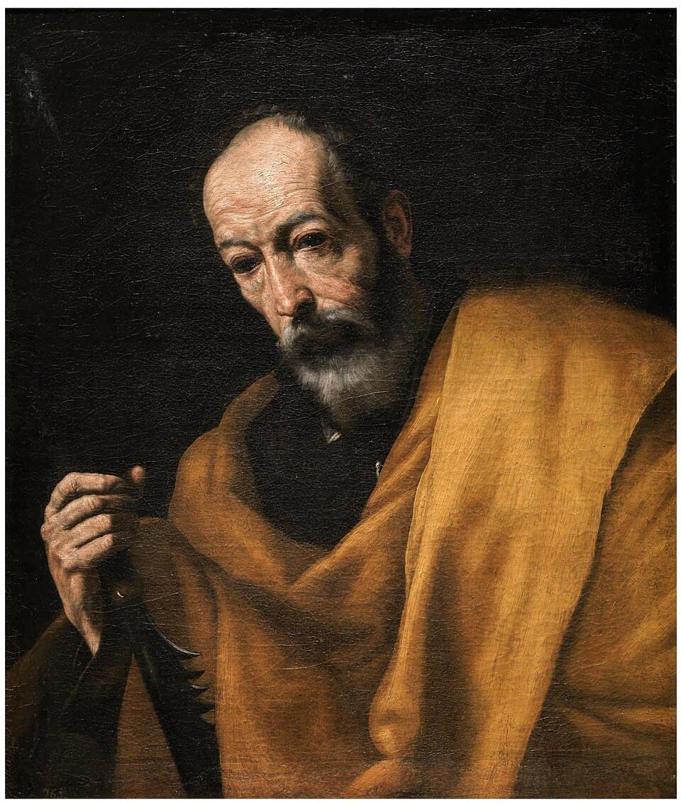 Saint Simon the Apostle as an elderly bearded man in an ochre cloak, looking down and holding a saw, painted by Jusepe de Ribera