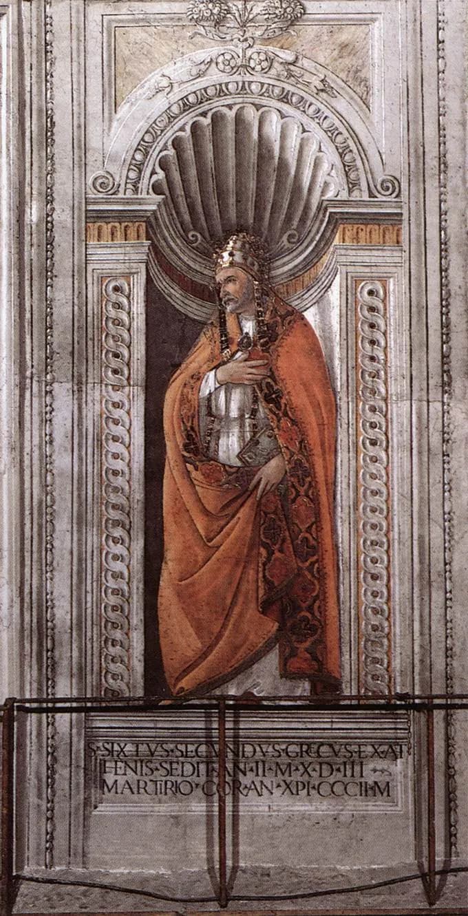 A fresco of Pope Sixtus II standing in a painted shell niche, wearing a papal tiara and a long orange cope, one hand on his chest and a book at his side, above a Latin inscription bearing his name