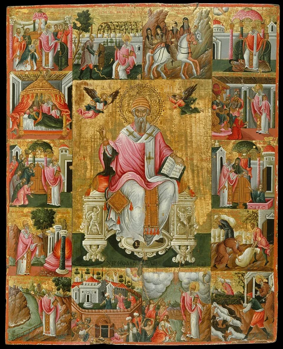Seventeenth-century Greek icon on a gold ground showing a gray-bearded bishop in a woven cap and rose-colored vestments, seated on a carved throne with an open book on his knee and his right hand raised in blessing, surrounded by a border of fourteen small scenes from his life