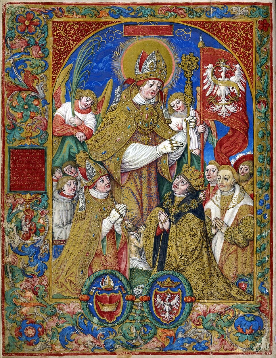 An illuminated manuscript page: a haloed bishop in a jeweled golden cope and miter stands between two angels, one holding a palm and one a red banner with a white eagle, while a crowned king, a kneeling bishop and courtiers pray at his feet