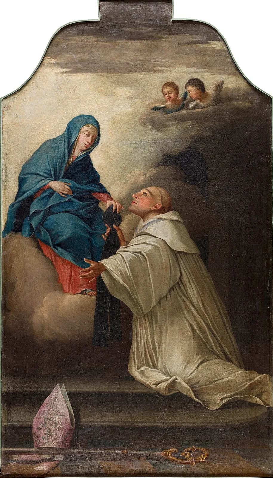 Painting of Saint Stephen Harding, a tonsured monk in a white habit, kneeling on a step and looking up at the Virgin Mary in a blue mantle, who sits on a cloud and hands him a dark garment, with two cherubs above and a miter and crozier on the floor