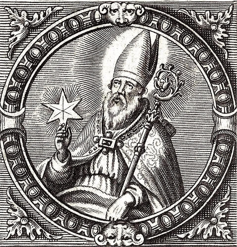 Seventeenth-century etching of a bearded bishop in a tall miter and cope, holding a crozier in one hand and raising a radiant six-pointed star in the other, framed in a circular wreath with leaf ornaments in the corners