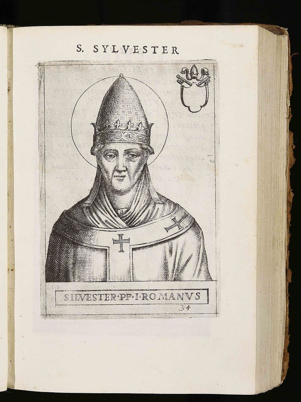 A sixteenth-century engraving of Pope Saint Sylvester I in the papal tiara and cope, shown half-length with a book