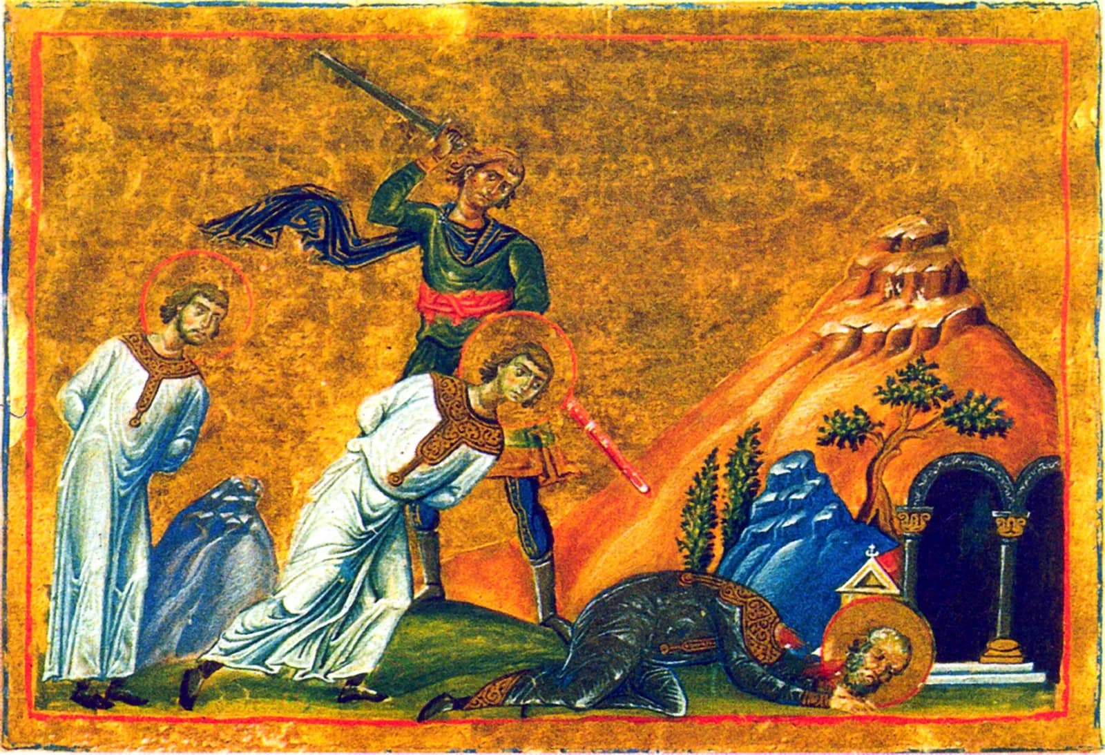 Byzantine manuscript miniature on a gold ground: three haloed martyrs in white, one standing with hands bound, one bowed under the raised sword of an executioner in green, and one lying beheaded in front of a small arched shrine beside an orange hill