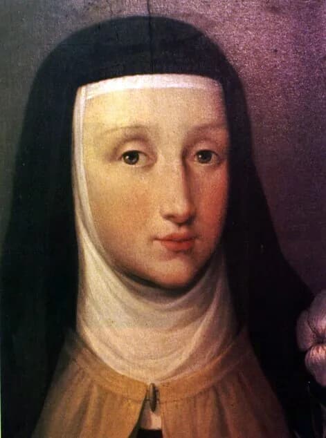 Eighteenth-century painted portrait, seen close up, of a young Carmelite nun with a pale oval face and a faint smile, wearing a black veil over a white wimple and a tan habit, her head tilted slightly to one side