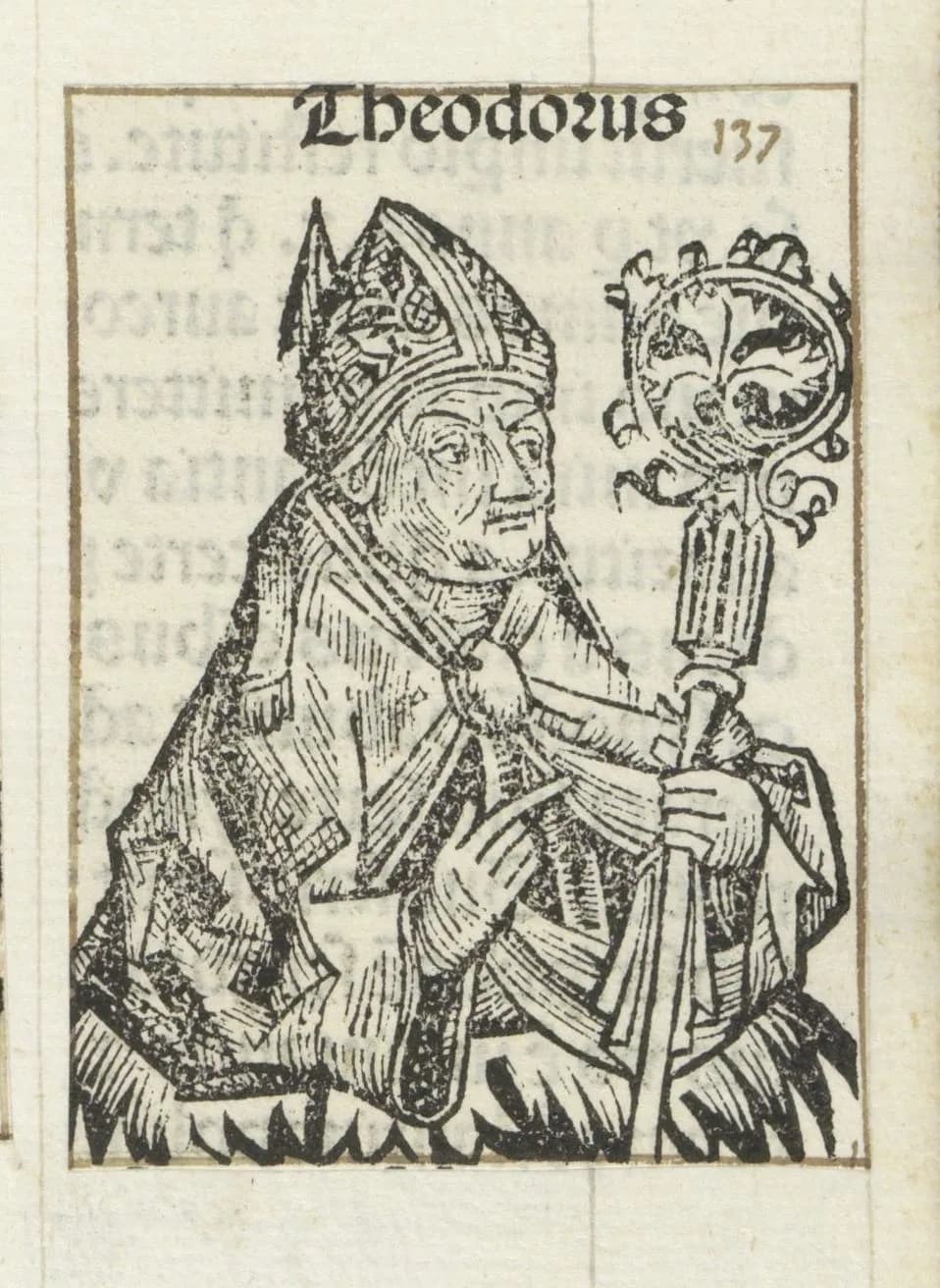 Fifteenth-century woodcut of a bishop in a miter and cope holding an ornate crozier, half-length, with the name Theodorus printed above him in black letter