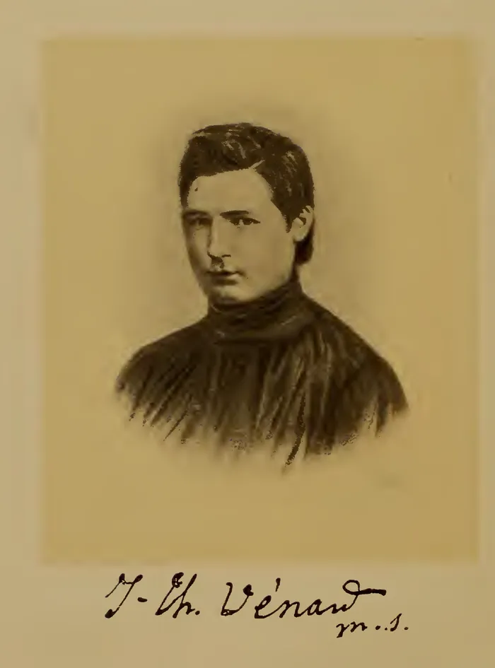 Sepia engraved portrait of a young clean-shaven priest with dark hair swept back, in a high-collared black cassock, shown head and shoulders and fading into the paper at the edges, with his signature, J. Th. Vénard, written beneath