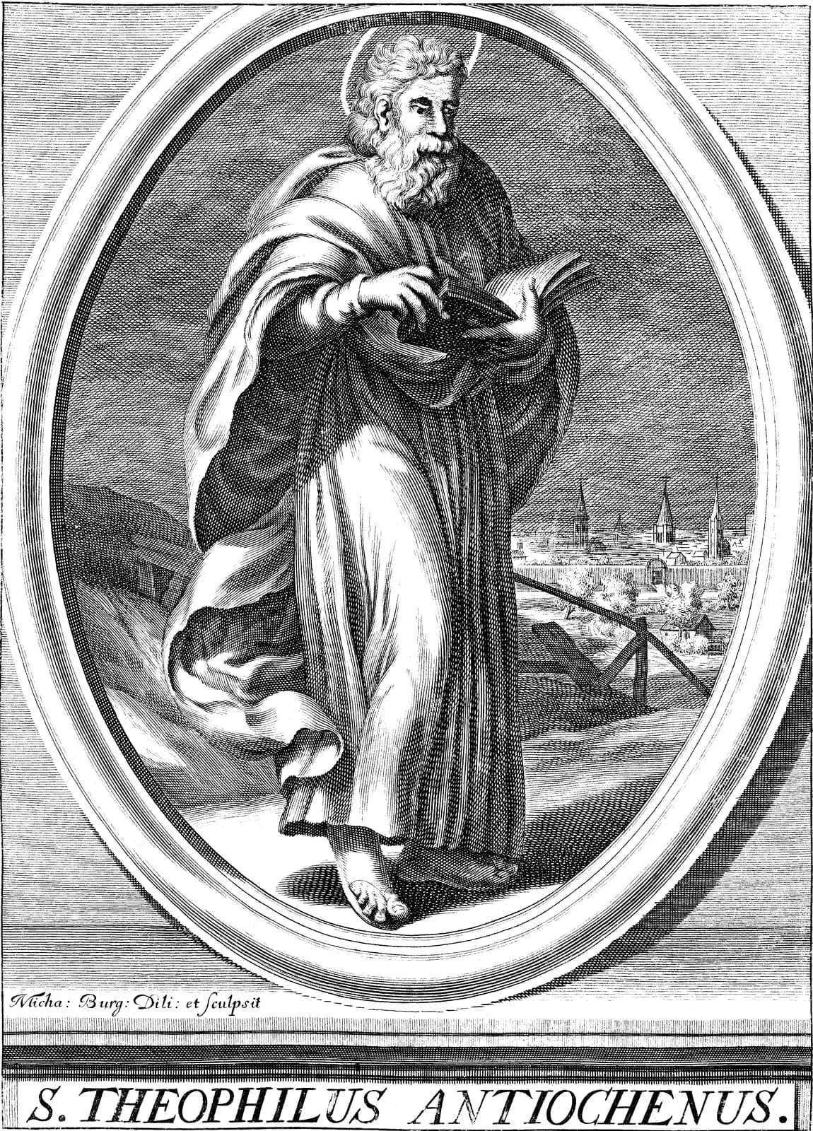 Grabado del siglo XVII en un marco oval: un hombre barbado, con aureola, túnica larga y manto, que avanza mientras pasa las hojas de un libro abierto, con una ciudad de agujas de iglesia y una cerca de madera en el paisaje del fondo, con la inscripción S. Theophilus Antiochenus.