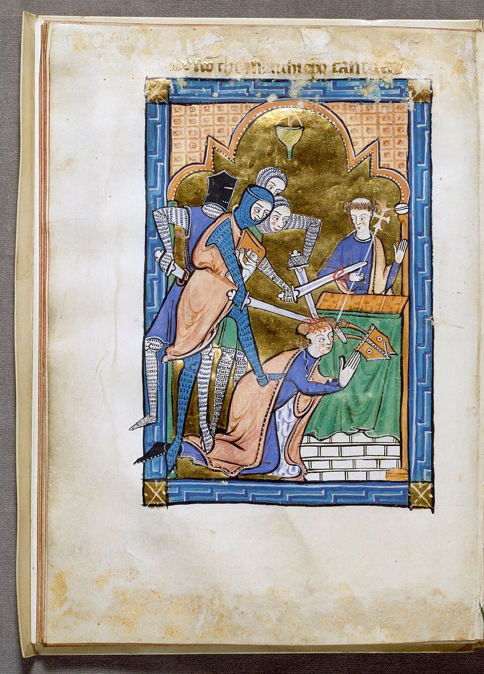 A thirteenth-century English manuscript page showing the murder of Saint Thomas Becket: four knights in mail bringing their swords down on the archbishop, who kneels at the altar with his hands raised, a cleric holding a cross behind him
