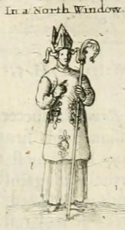 Seventeenth-century engraving, after a lost stained-glass window, of a bishop standing in a miter and a long patterned vestment, one hand raised to his chest and the other holding a tall crozier, under the printed words In a North Window