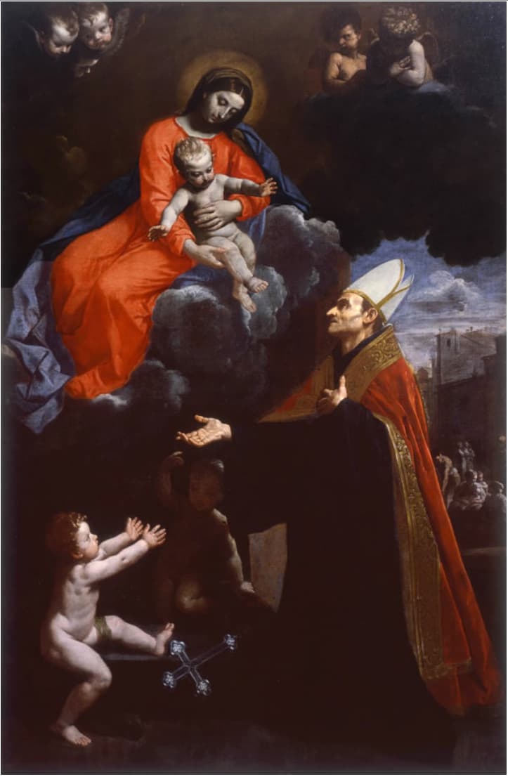 A painting of Saint Thomas of Villanova in a mitre and red cope over the black Augustinian habit, hands open and eyes raised toward the Virgin and Child seated on clouds above him