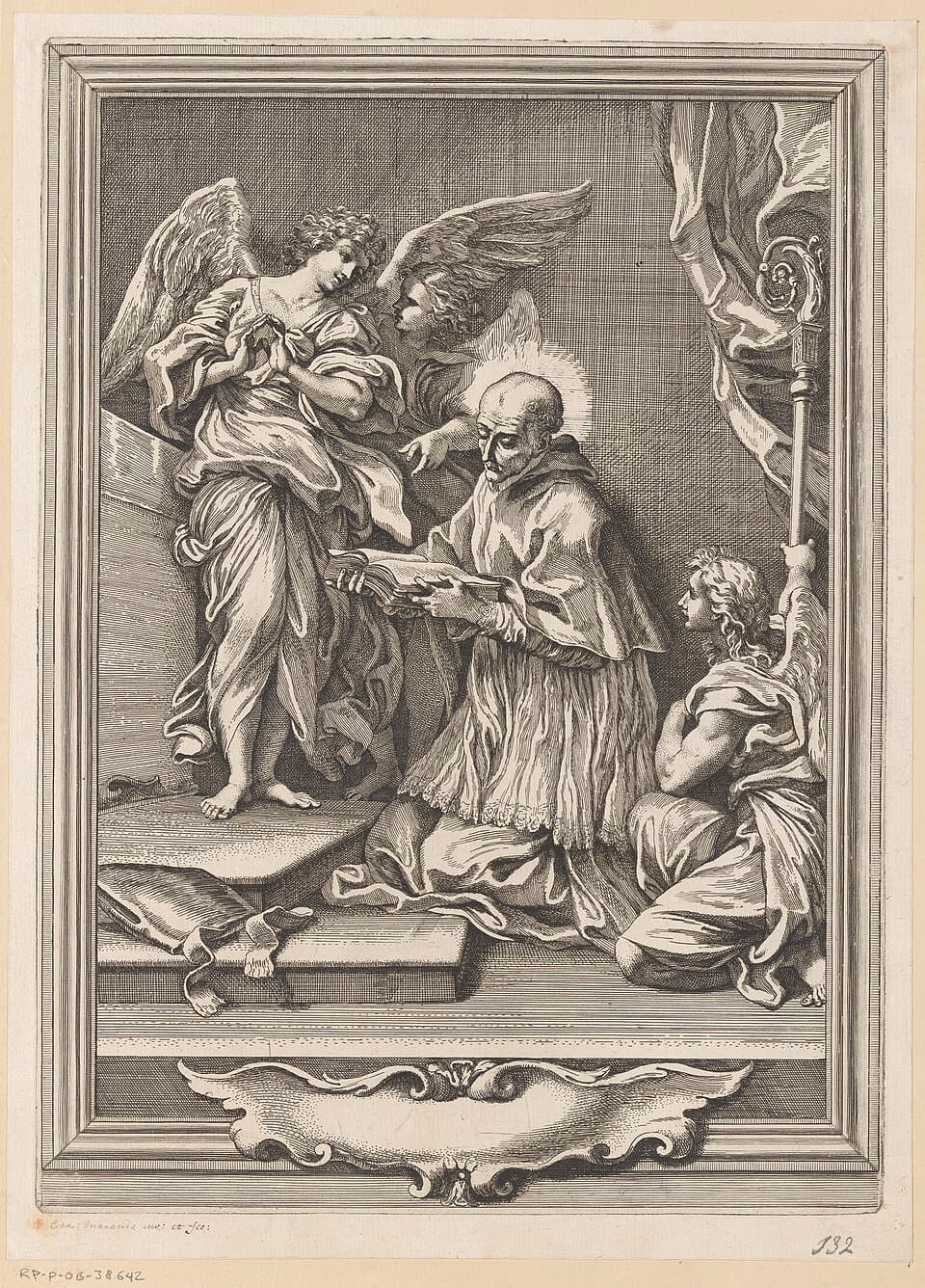 Etching of a haloed bishop in a lace rochet kneeling with an open book, while one angel stands beside him in prayer, another points toward him, and a third kneels holding his crozier
