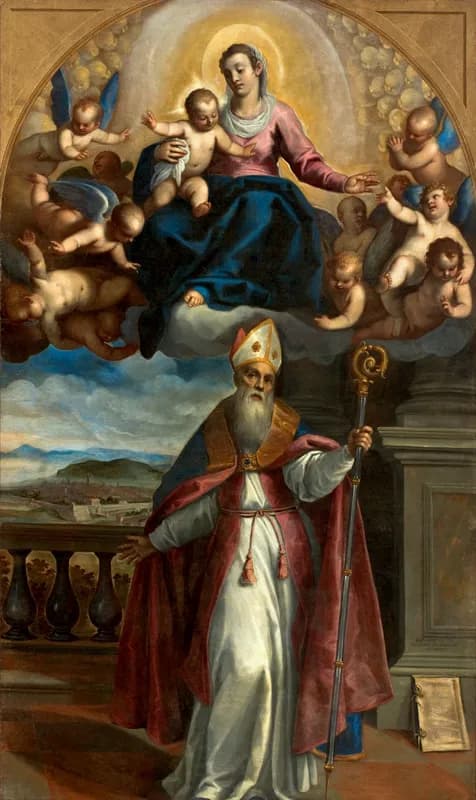 Altarpiece of a white-bearded bishop in a miter, white alb and red cope, holding a crozier and gesturing toward a distant walled town, while the Virgin and Child appear above him on a cloud ringed with cherubs