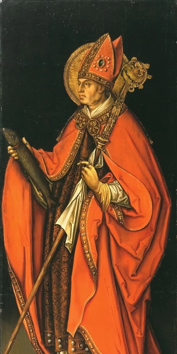 A bishop in a red cope and jeweled miter, with a gold halo, holds a fish in his right hand and a crozier in his left, against a dark background